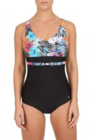 Слитный купальник с тропическим принтом на лифе