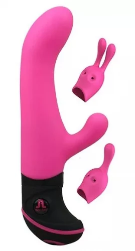 Ярко-розовый вибратор Butch Cassidy с клиторальным стимулятором и насадками к нему - 20 см.