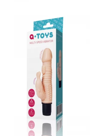 Телесный вибратор с дополнительным рельефом и клиторальным отростком - 16 см.