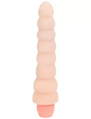 Телесный гнущийся вибратор ребристой формы - 18,2 см.