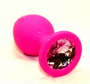 Розовая силиконовая анальная пробка с розовым стразом - 9,5 см.