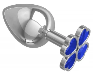 Серебристая анальная пробка-клевер с синим кристаллом - 9,5 см.