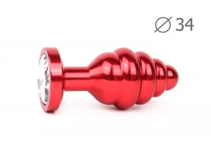 Коническая ребристая красная анальная втулка с прозрачным кристаллом - 8 см.