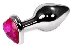 Серебристая анальная пробка с розовым кристаллом-сердцем - 9 см.
