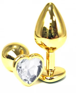 Золотистая анальная пробка с прозрачным кристаллом-сердцем - 7 см.
