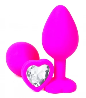 Розовая силиконовая пробка с прозрачным кристаллом-сердцем - 8 см.