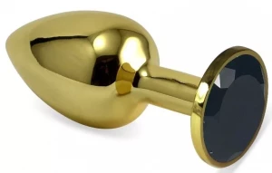 Золотистая анальная пробка с черным кристаллом - 8 см.