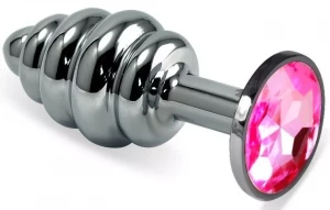 Серебристая ребристая анальная пробка с малиновым кристаллом - 7,5 см.