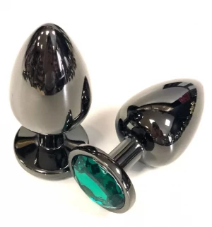 Черная металлическая анальная пробка с зеленым стразом - 9 см.