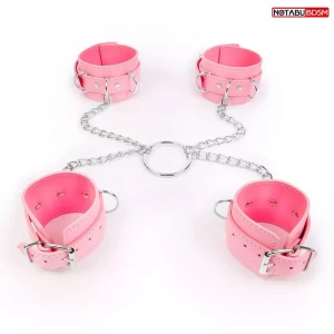 Комплект розовых наручников и оков на металлических креплениях с кольцом