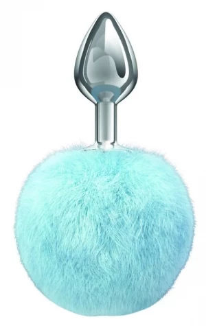 Серебристая анальная пробка с голубым пушистым хвостиком Twinkle