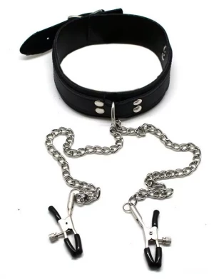 Черный ошейник с серебристыми зажимами для сосков