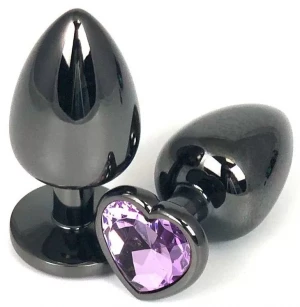 Черная анальная пробка с сиреневым кристаллом-сердечком - 7,5 см.