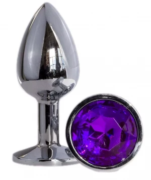 Металлическая анальная пробка с фиолетовым кристаллом - 7 см.