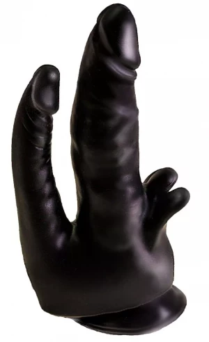 Чёрный двойной фаллоимитатор с клиторальными лепестками - 17 см.